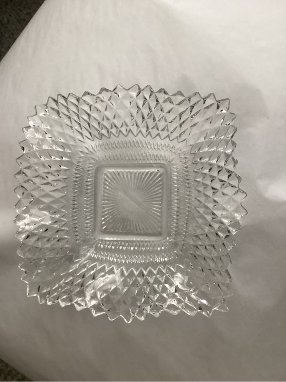 Indiana Glass Diamond Point pattern and ruffled edges.  Used for nuts/candy bowl
